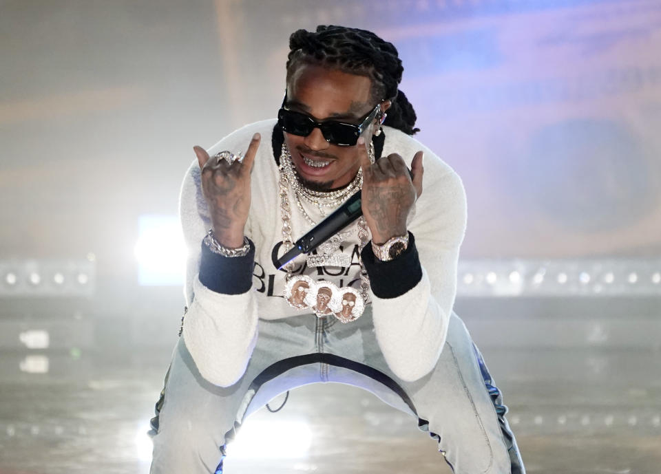 FILE - Quavo of the band Migos performs during the 2021 Global Citizen Live event in Los Angeles on Sept. 25, 2021. Quavo will release “Rocket Power,” his first album since fellow Migos member Takeoff was shot and killed outside a bowling alley in November 2022 (AP Photo/Chris Pizzello, File)