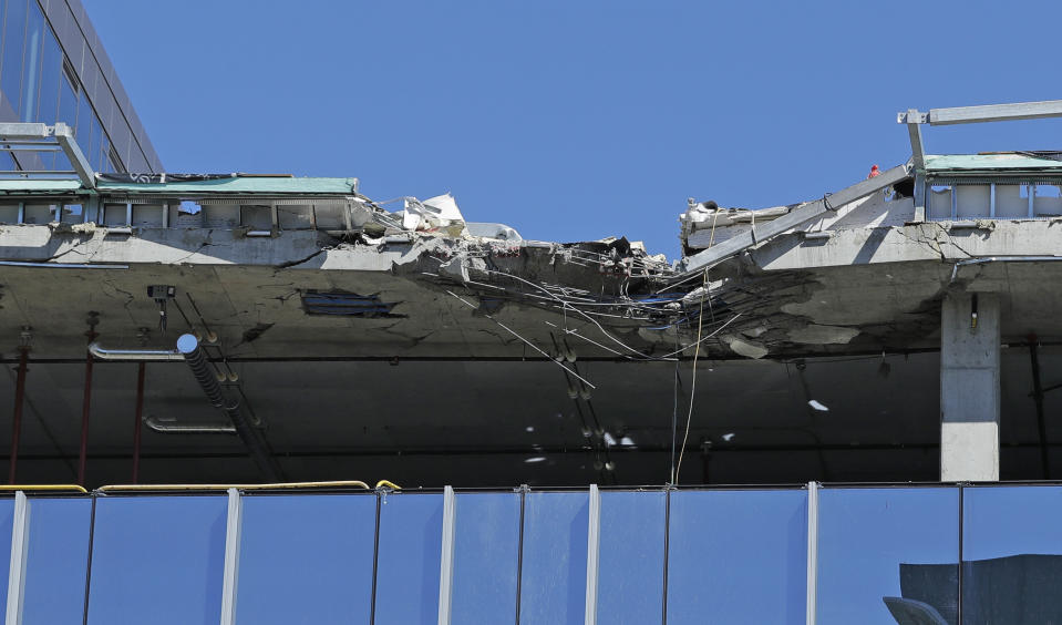 Damage to a building that was under construction when a crane collapsed on it Saturday in Seattle is shown, Monday, April 29, 2019, in Seattle. The accident killed four people. (AP Photo/Ted S. Warren)