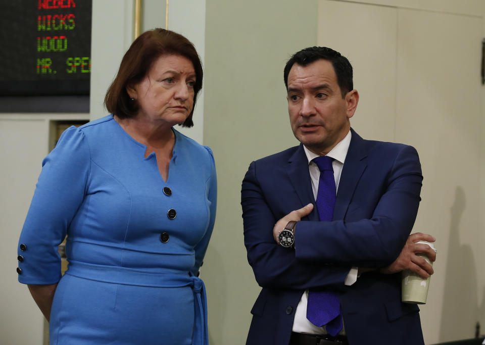 FILE — In this Feb. 19, 2020, file photo, Senate President Pro Tem Toni Atkins, of San Diego, left, and Assembly Speaker Anthony Rendon, of Lakewood, are shown at the Capitol in Sacramento, Calif. California's public schools could get $6.6 billion from the state Legislature if they return to in-person instruction by the end of March, according to a new agreement announced Monday, March 1, 2021, between Gov. Gavin Newsom and the state's legislative leaders. (AP Photo/Rich Pedroncelli, File)