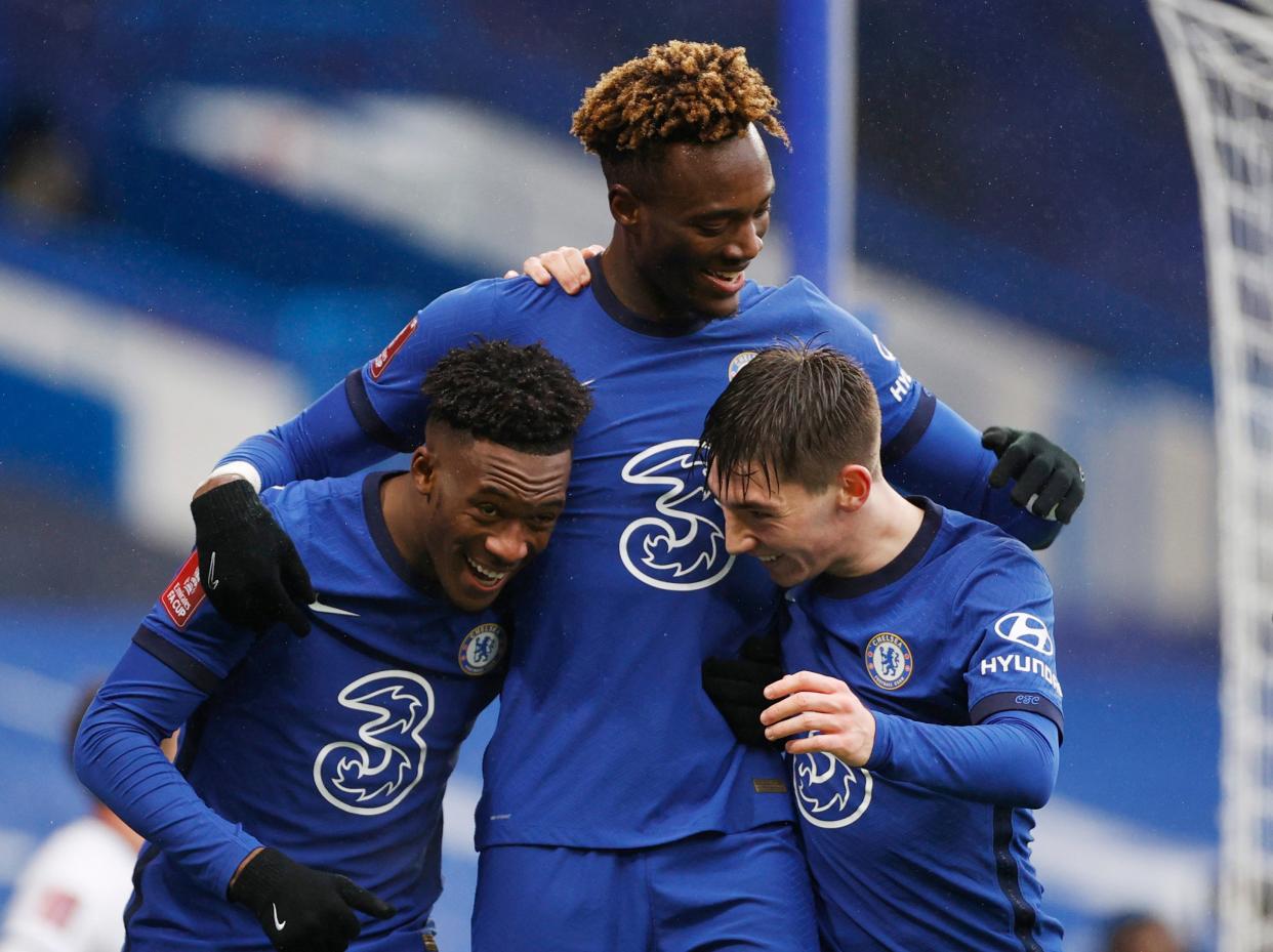 Tammy Abraham, centre, celebrates with his teammates (Reuters)