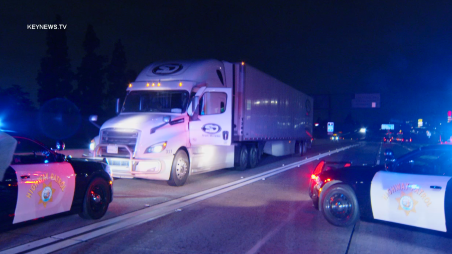 Officers respond to a big rig headed the wrong way in Duarte on March 29, 2024.