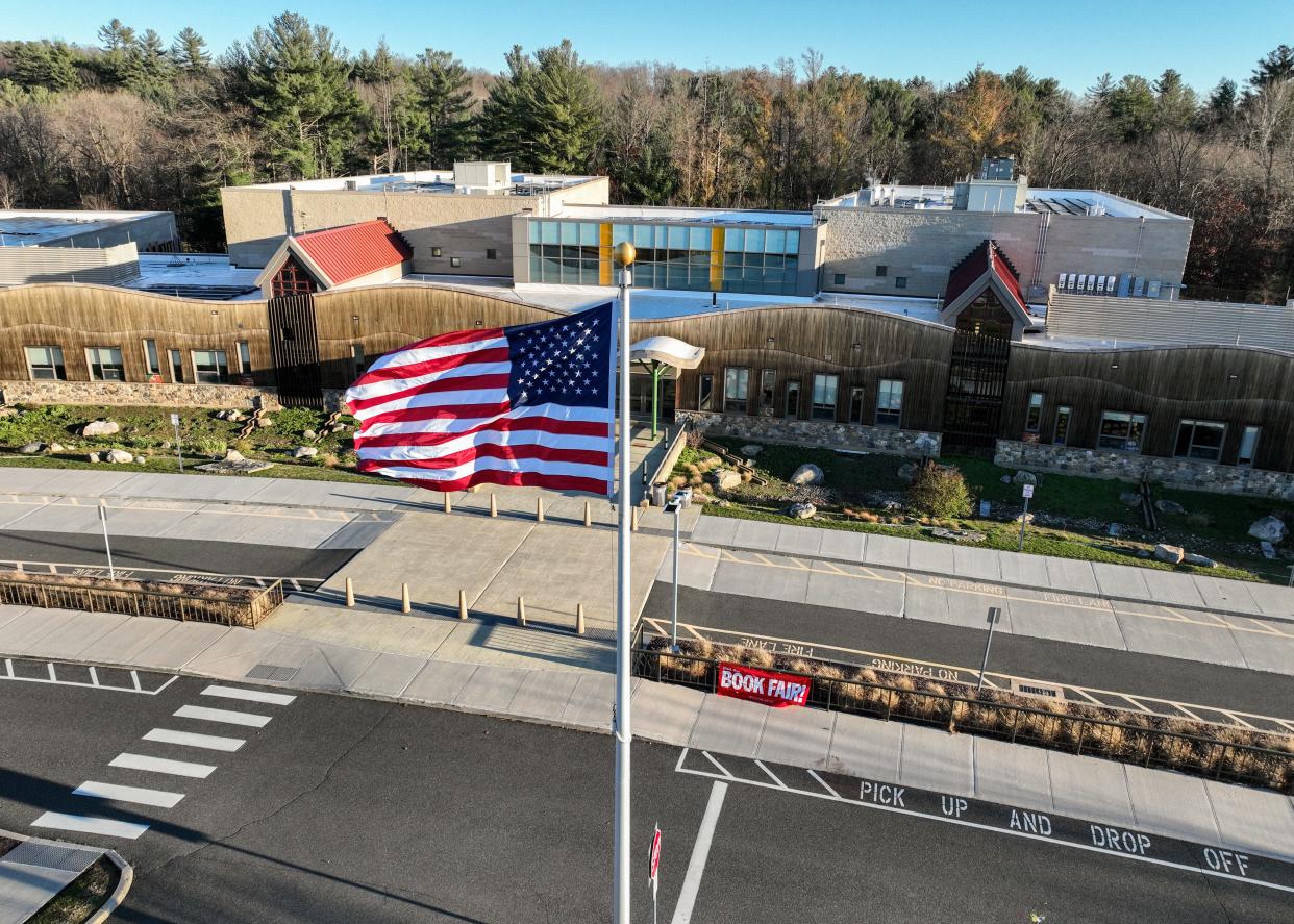 An aerial view shows the new Sandy Hook Elementary, almost 10 years after the mass shooting in Newtown, Connecticut. The new school opened in 2016, four years after the tragedy.