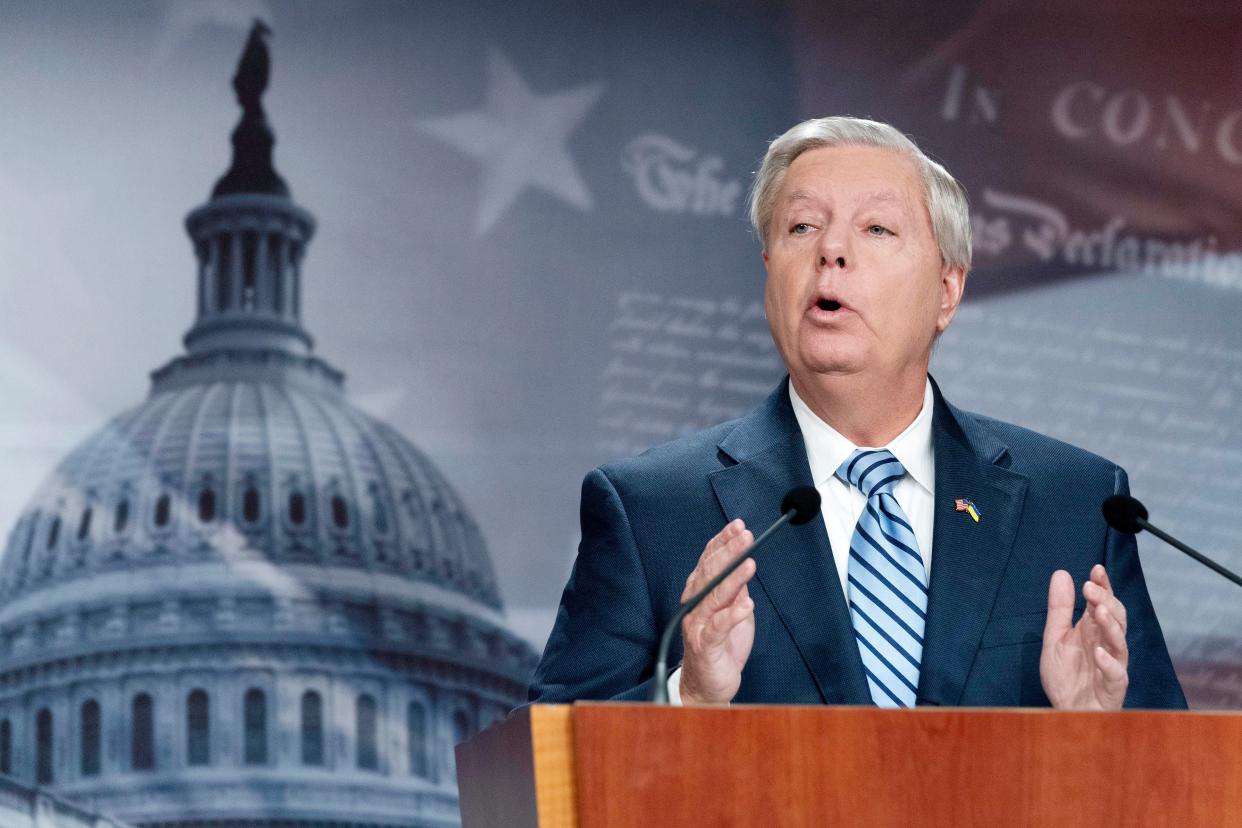 Sen. Lindsey Graham, R-S.C., speaks during a news conference about Ukraine on Capitol Hill in Washington, Wednesday, March 16, 2022. 