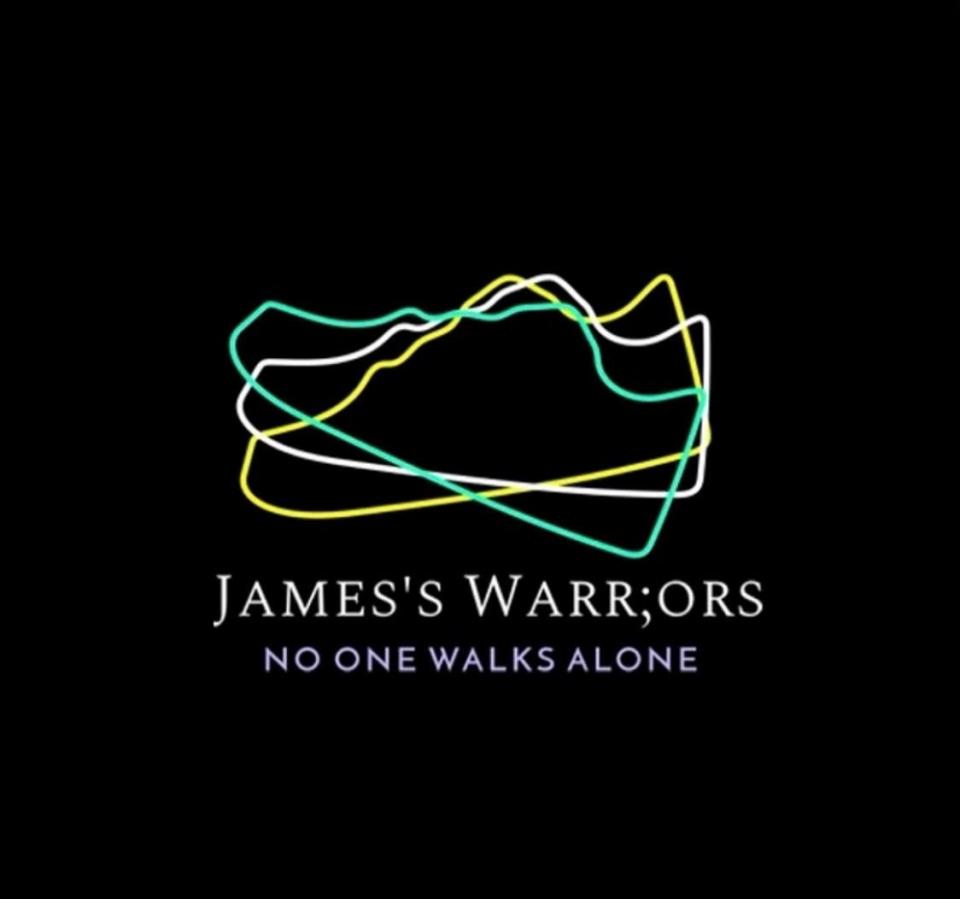 The logo and motto of James's Warr;ors, the outline of a sneaker walking and "No One Walks Alone," including the suicide prevention and survivors’ colors.