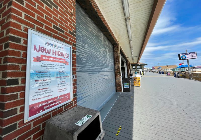 FILE PHOTO: A sign advertising job openings at Jenkinson’s Boardwalk is posted in Point Pleasant Beach, New Jersey