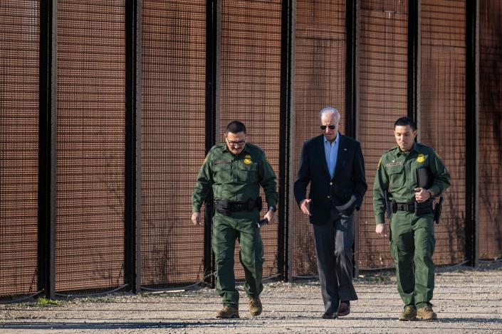 US President Joe Biden speaks with US Customs and Border Protection officers as he visits the US-Mexico border in El Paso, Texas, on January 8, 2023.