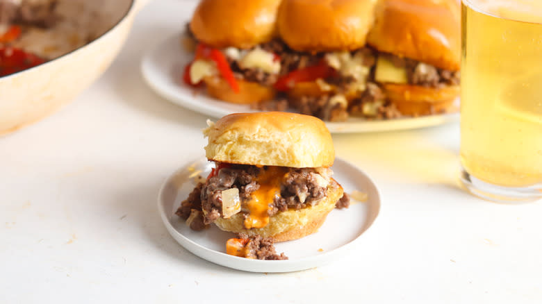 philly cheesesteak sloppy joe slider on plate