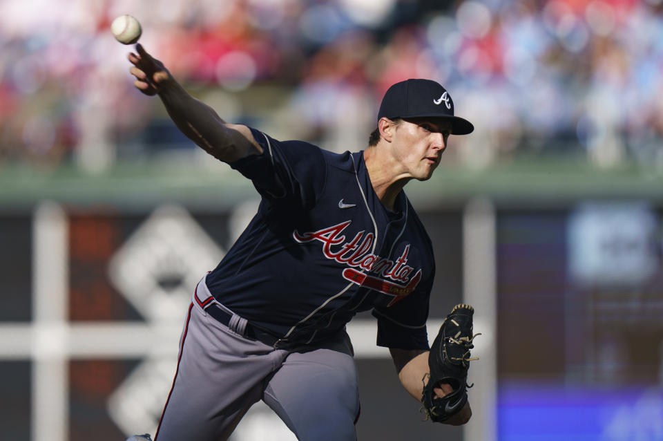 Atlanta Braves starting pitcher Kyle Wright throws during the first inning of a baseball game against the Philadelphia Phillies, Saturday, Sept. 24, 2022, in Philadelphia. (AP Photo/Chris Szagola)