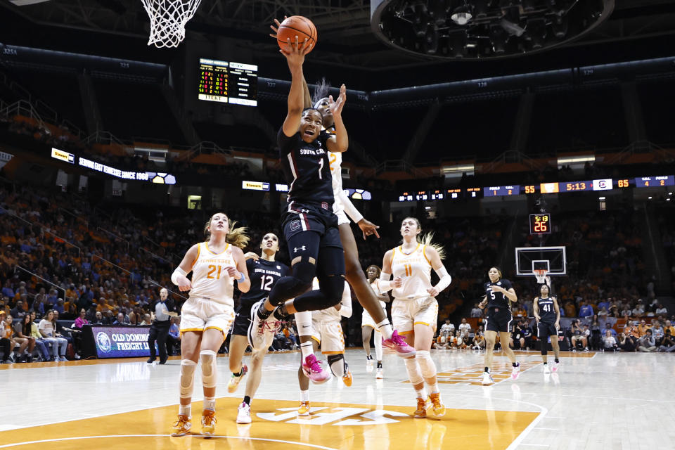 South Carolina guard Zia Cooke (1) shoots past Tennessee forward Rickea Jackson (2) during the second half of an NCAA college basketball game, Thursday, Feb. 23, 2023, in Knoxville, Tenn. (AP Photo/Wade Payne)