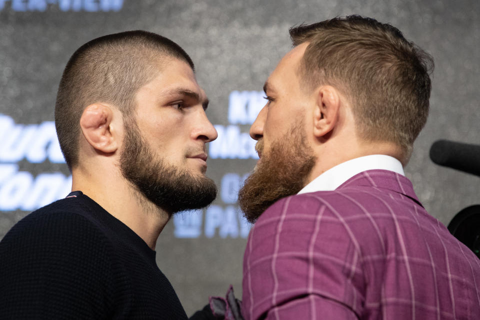 NEW YORK, NY - SEPTEMBER 20: UFC lightweight champion Khabib Nurmagomedov (L) and Conor McGregor (R) face off after the UFC 229 press conference at Radio City Music Hall on September 20, 2018 in New York, NY. The two will meet in the main event on October 6, 2018 at the T-Mobile Arena in Las Vegas, Nevada. (Photo by Ed Mulholland/Zuffa LLC/Zuffa LLC via Getty Images)