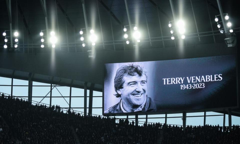 A tribute to Terry Venables is shown on the big screen at the Tottenham Hotspur stadium.