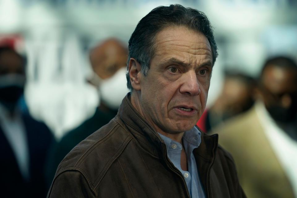 New York Gov. Andrew Cuomo speaks at a vaccination site on Monday, March 8, 2021, in New York. (AP Photo/Seth Wenig, Pool)