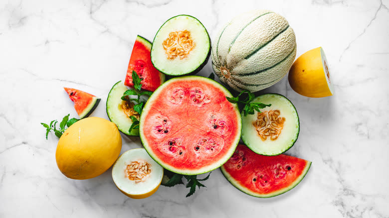 various melons on marble background