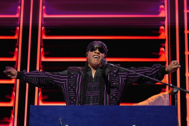 Stevie Wonder performs at the DNC on Aug. 21, 2024 in Chicago, IL. - Credit: Andrew Harnik/Getty Images