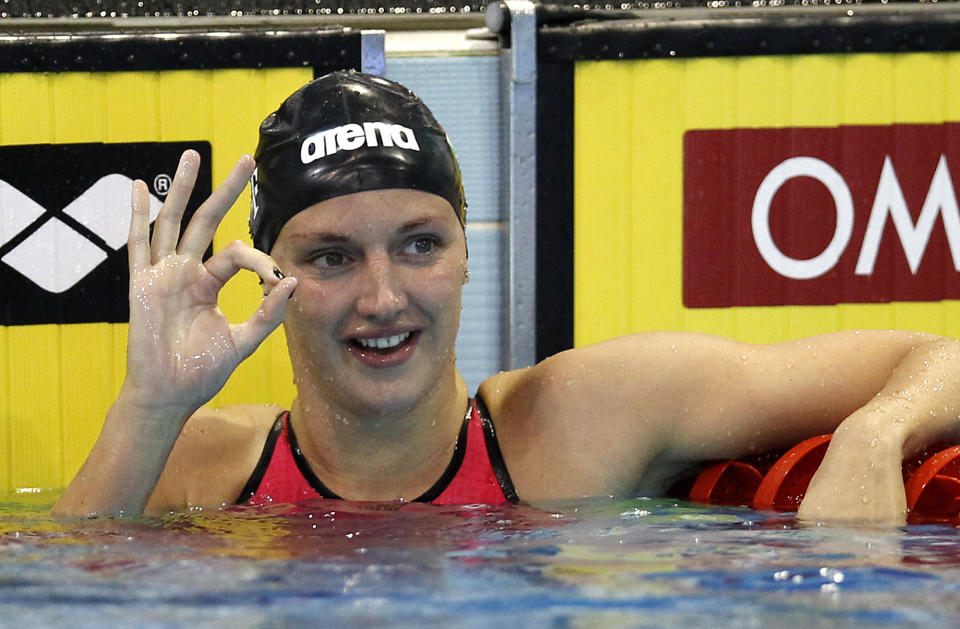 Hungary's Katinka Hosszu reacts after winning the 200 meter Butterfly final at the European Swimming Championships in Debrecen, Hungary, Sunday, May 27, 2012. (AP Photo/ Michael Sohn)