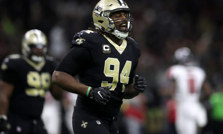 A closeup of Cameron Jordan during a New Orleans Saints game.