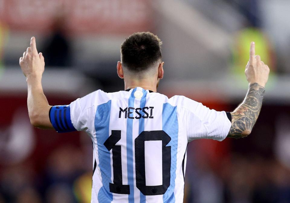 harrison, new jersey   september 27  lionel messi 10 of argentina celebrates his goal in the second half against jamaica at red bull arena on september 27, 2022 in harrison, new jersey argentina defeated jamaica 3 0 photo by elsagetty images