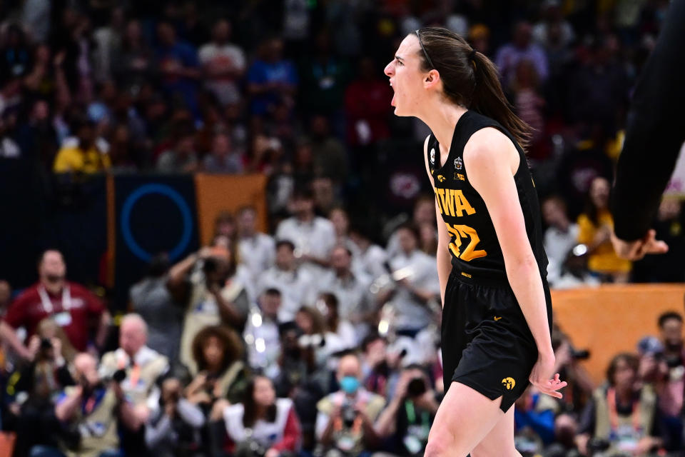 DALLAS, TX - MARCH 31: Caitlin Clark #22 of the Iowa Hawkeyes celebrates a play against the South Carolina Gamecocks during the semifinals of the NCAA Womens Basketball Tournament Final Four at American Airlines Center on March 31, 2023 in Dallas, Texas. (Photo by Ben Solomon/NCAA Photos via Getty Images)