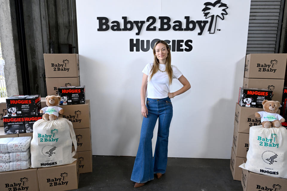 Olivia Wilde is seen wearing pointed-toe pumps at the expansion of Baby2Baby's Maternal Health and; Newborn Supply Kits in Los Angeles