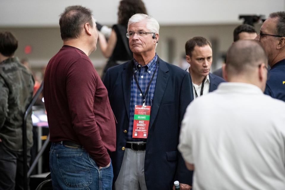 Michigan Senate leader Mike Shirkey talks to delegates and alternates during the MIGOP State Convention at the DeVos Place in Grand Rapids on April 23, 2022.