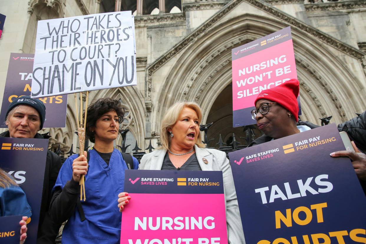 LONDON, UNITED KINGDOM - 2023/04/27: Pat Cullen, General Secretary of the Royal College of Nurses joins nurses and members of the Royal College of Nursing outside the High Court in London. The Government launched a challenge over the planned strike action on 2nd May by the Royal College of Nurses. (Photo by Steve Taylor/SOPA Images/LightRocket via Getty Images)