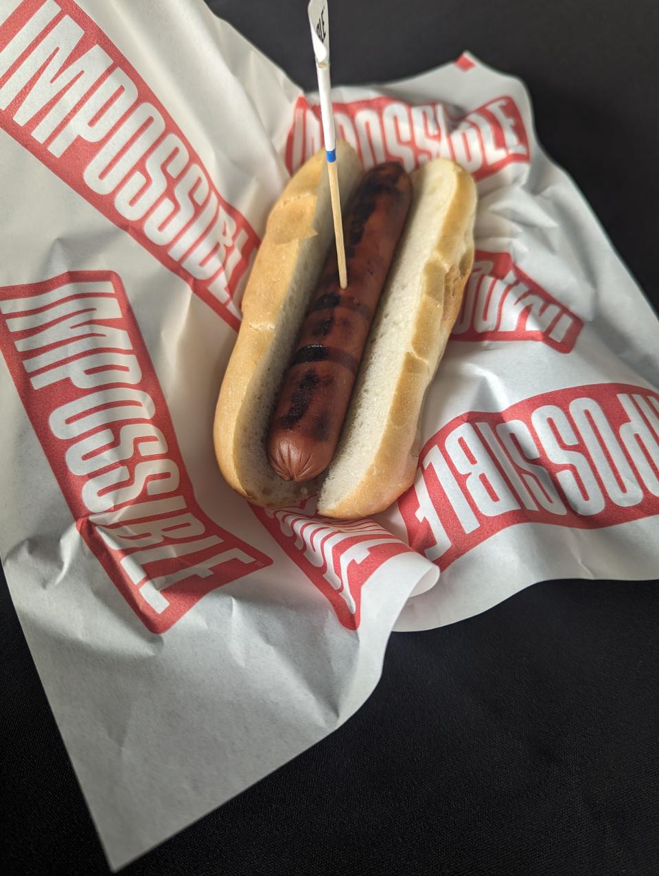 The Impossible Hot Dog is a new item on the Jacksonville Jumbo Shrimp food menu for the 2024 Triple-A baseball season. [Clayton Freeman/Florida Times-Union]