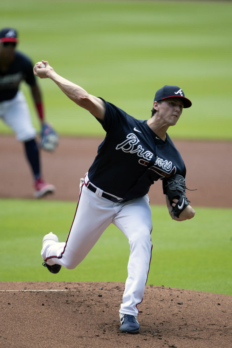 Atlanta Braves starting pitcher Kyle Wright (30) delivers during an intra squad baseball game Thursday, July 16, 2020, in Atlanta. (AP Photo/John Bazemore)