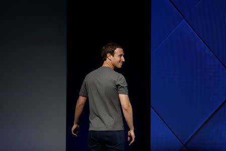 Facebook Founder and CEO Mark Zuckerberg exits the stage during the annual Facebook F8 developers conference in San Jose, California, U.S., April 18, 2017. REUTERS/Stephen Lam/Files