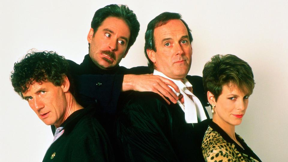 (left to right) Michael Palin, Kevin Kline, John Cleese and Jamie Lee Curtis  in promotional photography for A Fish Called Wanda