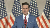 In this image from video, Rep. Matt Gaetz, R-Fla., speaks from Washington, during the first night of the Republican National Convention Monday, Aug. 24, 2020.(Courtesy of the Committee on Arrangements for the 2020 Republican National Committee via AP)