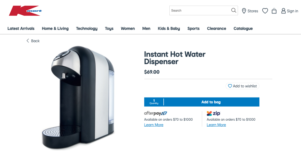 Kmart fans have fallen in love with a $69 instant hot water dispenser. Photo: Kmart.