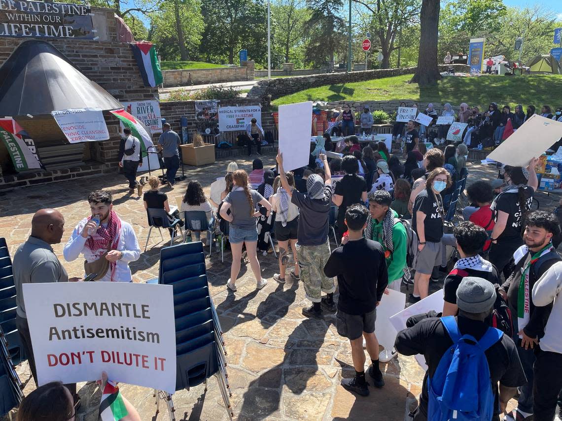 Protesters gathered Monday on the campus of the University of Missouri - Kansas City to protest the ongoing war and humanitarian crisis in Gaza.