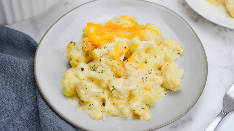 serving of roasted cauliflower mac and cheese