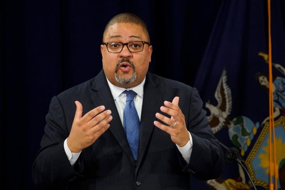 Manhattan District Attorney Alvin Bragg speaks at a press conference after the arraignment of former president Donald Trump in New York on Tuesday, April 4, 2023. (AP)