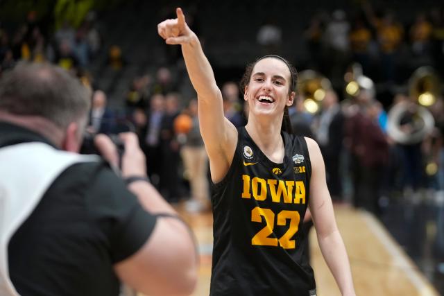 Iowa's Caitlin Clark celebrates after an NCAA Women's Final Four semifinals basketball game against South CarolinaFriday, March 31, 2023, in Dallas. Iowa won 77-73 to advance to the championship on Sunday. (AP Photo/Darron Cummings) ORG XMIT: TXMG223