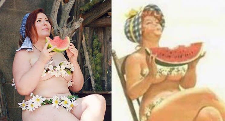 Instagrammer re-creates a sexy pinup cartoon from the 1950s.