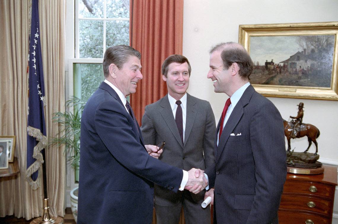 In 1984, President Ronald Reagan (left) met with Sens. Joe Biden (right) and William Cohen in the Oval Office. National Archives