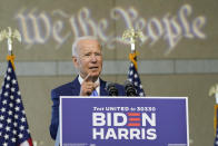 Democratic presidential candidate and former Vice President Joe Biden gestures while speaking at the Constitution Center in Philadelphia, Sunday, Sept. 20, 2020, about the Supreme Court. (AP Photo/Carolyn Kaster)