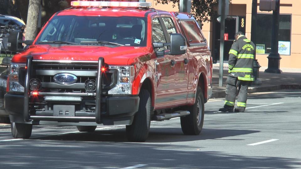 A fire truck sits outside the Caddo Parish Courthouse after an electrical fire on January 23, 2022.