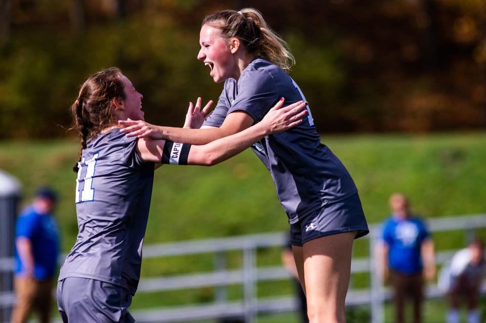 Millbrook celebrates a goal during the girls Class C regional soccer game in Newburgh, NY on Saturday, November 5, 2022. Millbrook defeated Haldane. KELLY MARSH/FOR THE POUGHKEEPSIE JOURNAL