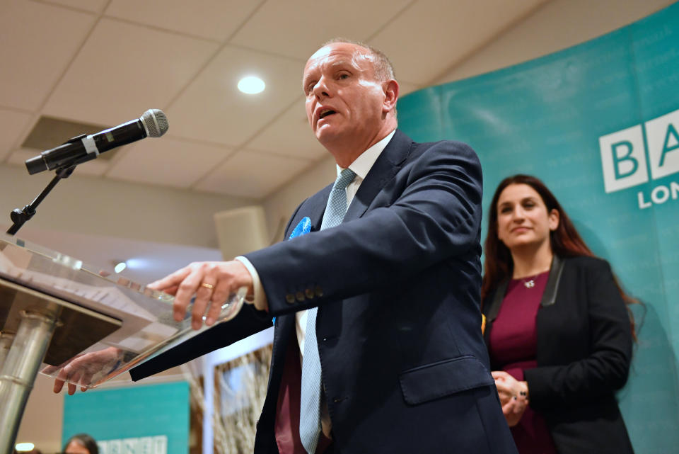 Conservative candidate Mike Freer speaks after winning the Finchley & Golders Green constituency in north London for the 2019 General Election.