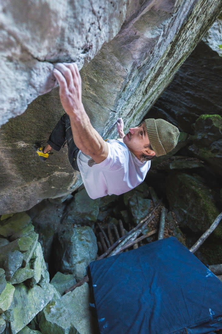 Shawn Raboutou on <em>Fight Club</em> (V14), another FA from the Swiss trip. (Photo: Ben Neilson)