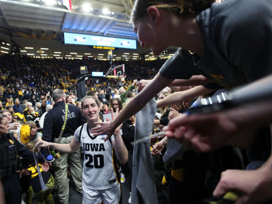 Kate Martin #20 of the Iowa Hawkeyes leaves the court following the game against the West Virginia Mountaineers during their second round match-up in the 2024 NCAA Division 1 Womens Basketball Championship at Carver-Hawkeye Arena on March 25, 2024 in Iowa City, Iowa. (Photo by Matthew Holst/Getty Images)