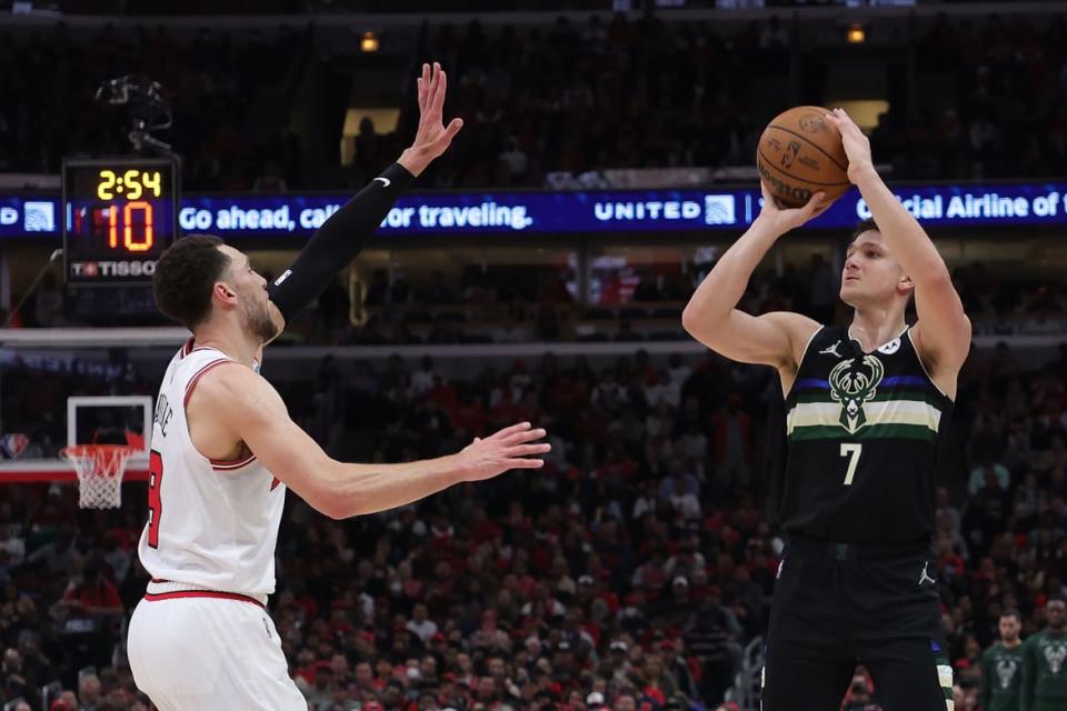 <div class="inline-image__caption"><p>Grayson Allen of the Milwaukee Bucks is defended by Zach LaVine of the Chicago Bulls in Game 3 of the Eastern Conference First Round Playoffs at the United Center on April 22 in Chicago. </p></div> <div class="inline-image__credit">Stacy Revere/Getty</div>