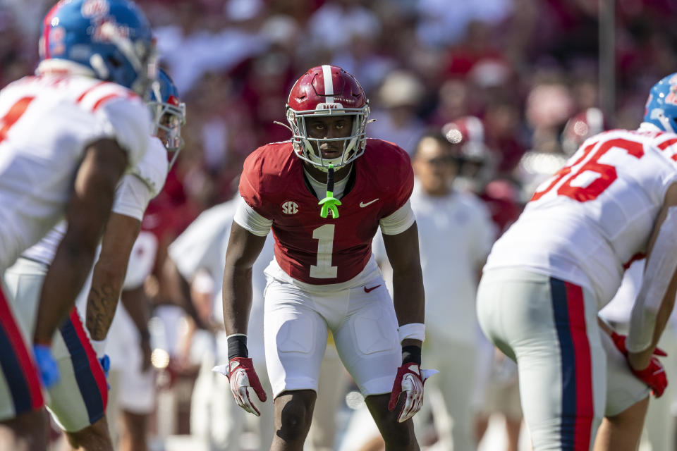 FILE - Alabama defensive back Kool-Aid McKinstry (1) sets up for a play against Mississippi during the first half of an NCAA college football game, Saturday, Sept. 23, 2023, in Tuscaloosa, Ala. McKinstry has been selected to The Associated Press midseason All-America team, Wednesday, Oct. 18, 2023.(AP Photo/Vasha Hunt, File)