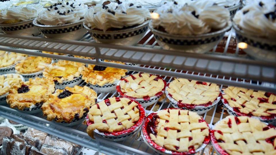 Cobblers, pies and other desserts are displayed in the bakery cabinet at a Black Bear Diner.