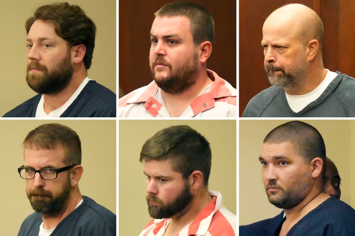 This combination of photos shows top row L-R former Rankin County sheriff’s deputies Hunter Elward, Christian Dedmon, Brett McAlpin and bottom row L-R Jeffrey Middleton, Daniel Opdyke and former Richland police officer Joshua Hartfield appearing at the Rankin County Circuit Court in Brandon, Mississippi on 14 August, 2023 (AP)