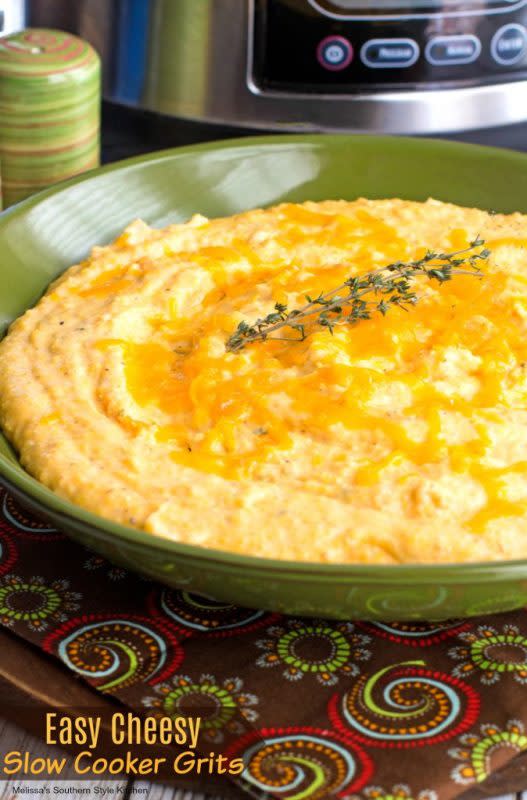 <p>Melissa's Southern Style Kitchen</p><p><strong>Get the recipe: <a href="https://www.melissassouthernstylekitchen.com/easy-cheesy-slow-cooker-grits/" rel="nofollow noopener" target="_blank" data-ylk="slk:Easy Cheesy Slow Cooker Grits;elm:context_link;itc:0;sec:content-canvas" class="link rapid-noclick-resp">Easy Cheesy Slow Cooker Grits</a></strong></p>