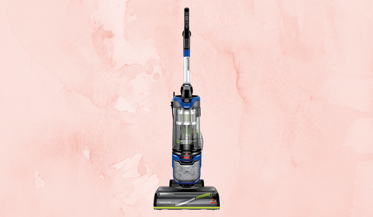 A blue and silver upright vacuum