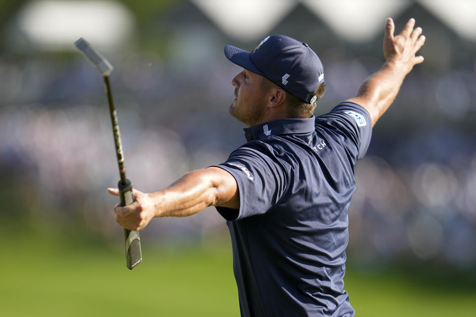 Bryson DeChambeau celebrates after a birdie on the 18th hole during the final round of the PGA Championship golf tournament at the Valhalla Golf Club, Sunday, May 19, 2024, in Louisville, Ky. (AP Photo/Sue Ogrocki)